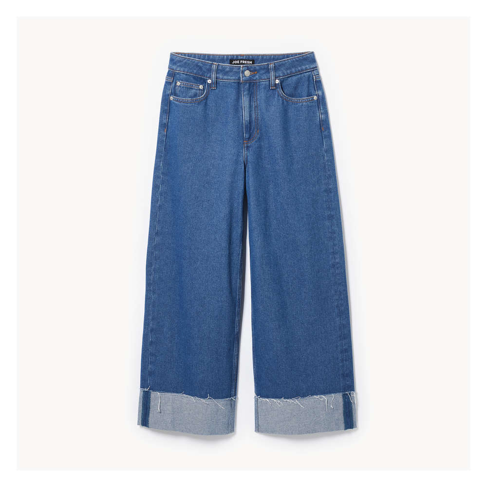 【AAKE】DOZ WASHING WIDE DENIM Joe Fresh Women's Dark Wash Wide Leg Cuffed Jean - 1 ea